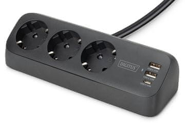 Digitus Digitus DA-30101 namizna napajalna letev, 3x Schuko, 2x USB-A (12W), 1x USB-C (30W), 1.5m, črna