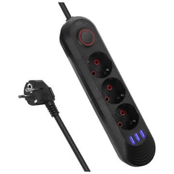 Maclean Maclean MCE394 B razdelilna letev 3xSchuko + 3xUSB, 1.5m, črna