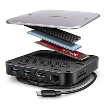 AXAGON AXAGON HMC-UFO USB hub 9v1, 10Gbps, M.2 NVMe/SATA, HDMI 4K/60Hz, PD 100W