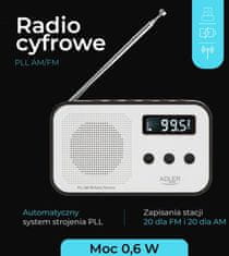 Adler Adler AD 1907 Digitalni radio z uro, USB-C, bel/črn