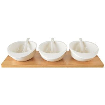 Northix Set treh porcelanastih skled in žlic na bambusovem pladnju