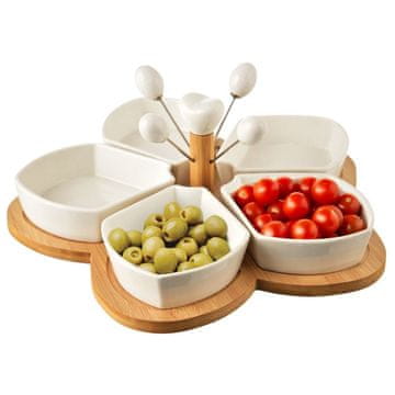 Northix Set 5 porcelanastih skled na bambusovem pladnju s 4 nabodali