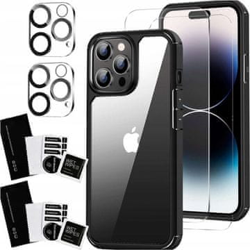 shumee Ovitek za iPhone 15 Pro Max + 2x steklo za zaslon in 2x oklepna stekla Alogy 360 Hybrid Set 5v1 črn in prozoren