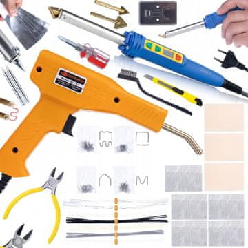 Rosfix Komplet spajkalnika Blue Kong 120W RBK120W iz plastike, 5 mrežnih konic za izvijač, stojalo + plastični spenjalnik v etuiju, 200 sponk