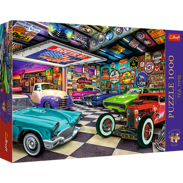 Trefl 10845 Puzzle 1000 Premium Plus - Čas za čaj: Garaža zbiratelja avtomobilov