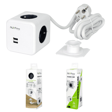 LED LINE Podaljšek 4 vtičnice + 2 USB 2.1A/5V AURA line CUBE kabel 1.5m 16A Nosilec