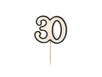 PartyDeco Rojstnodnevna sveča '30', trideset, črno-bela, 5,5 cm