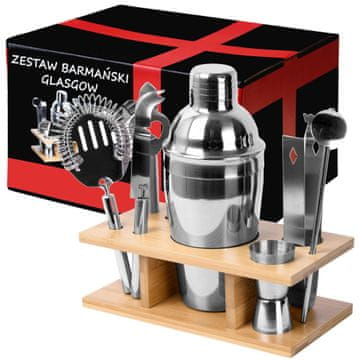 Gockowiak KOMPLET PIJAČ ZA BARMANA VELIK SHAKER LESEN STOJALO DODATKI 9 DELNI