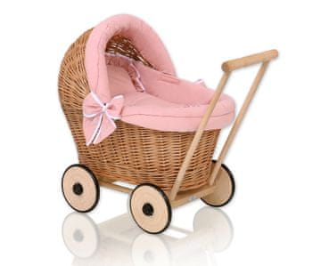 MY SWEET BABY Pleten voziček za punčke s prašno roza posteljnino in mehko podlogo STELLA - naravna