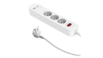 Podaljšek za hitro polnjenje PD20, 3-vtičnica s stikalom + 2x USB (A+C), 1,4 m SQUALL, bel / 34096