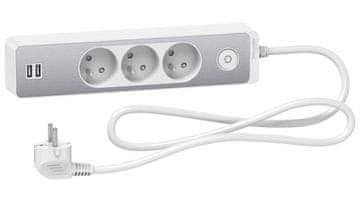 Schneider Podaljšek Odace s 3 vtičnicami in 2x USB priključkom, 1,5 m, bel + brušen aluminij ST933U1WA