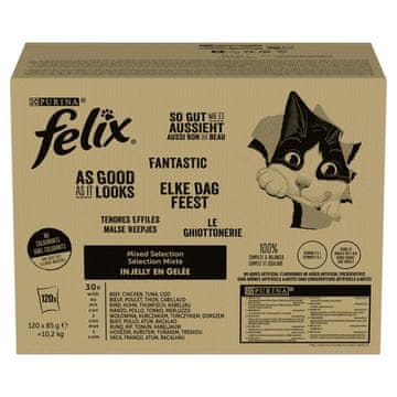 Purina PURINA FELIX MIX MAČJA HRANA, 120x85g, PIŠČANEC, TUN, GOVEDINA, BREZ SLADKORJA