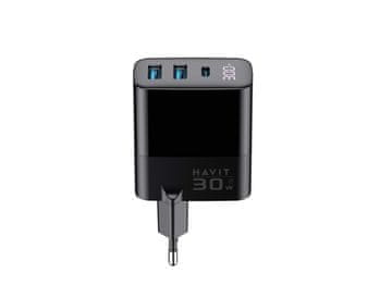 Havit Havit UCLE001 EU GaN polnilec s 3 vrati, 30W, črn