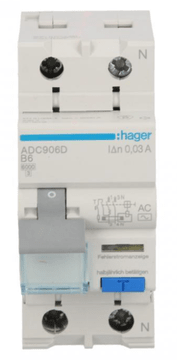 Hager Diferencialno stikalo RCBO 2P B6A 0,03A Tip AC ADC906D