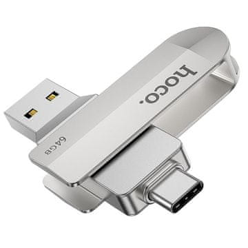 Hoco USB-ključ 64 GB USB 3.0 (USB-A + USB-C) Hoco UD10, srebrna barva