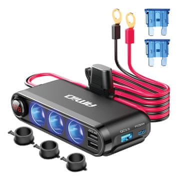 slomart Razdelilnik vtičnice avtomobilskega vžigalnika AMiO s 3xUSB, USB-C in voltmetrom
