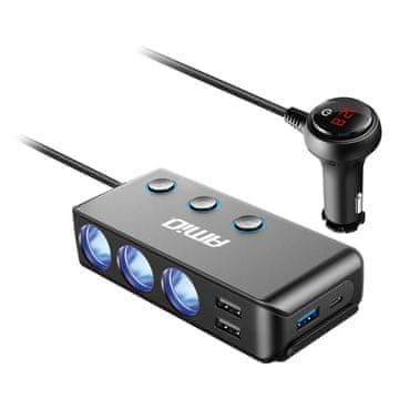 slomart Razdelilnik vtičnice avtomobilskega vžigalnika AMiO s 3xUSB, USB-C in voltmetrom