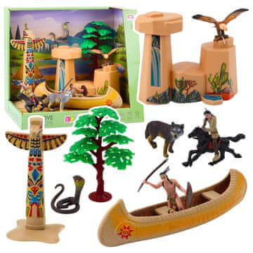 slomart LEAN TOYS Indijanski set z figuricami, kanujem, totemom in totemskim stebrom