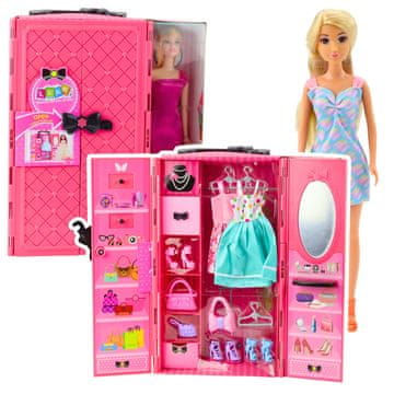 slomart LEAN TOYS Lutka s roza omaro, oblačili in modnimi dodatki