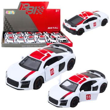 slomart LEAN TOYS beli športni avto 1:43, "pull back", luči, zvok