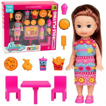 MINI AnP-29599 Mini lutka LEAN TOYS s kompletom za hitro hrano: pizza, hamburger, namizje...