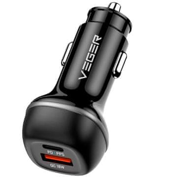 VEGER Avtomobilski polnilnik VEGER USB A + USB C QC PD 51 W CC62-1A1C, črn