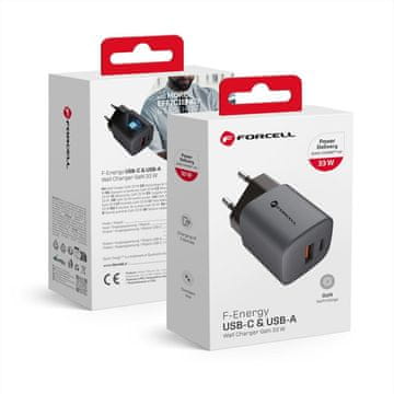 FORCELL Mrežni polnilnik za mobilni telefon Forcell F-Energy GaN USB-C + USB-A QC4.0 PD 3A 33W VT-31, siv