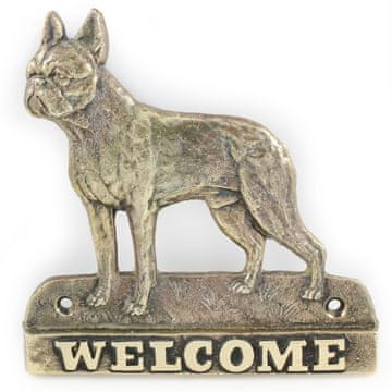 Artdog Bostonski terier, bostonski bul terier - napis na vratih s psom, medeninasta ploščica dobrodošlice, edinstven napis z besedo Dobrodošli, znamke Art-Dog
