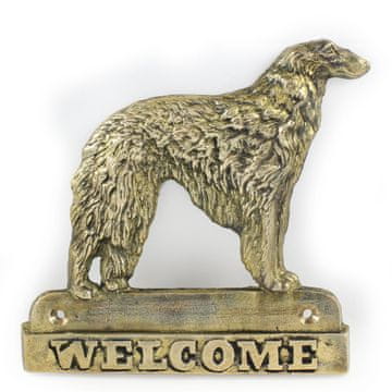 Artdog Ruski hrt, hrt, barzoj - napis na vratih s psom, medeninasta ploščica dobrodošlice, unikaten napis z besedo Dobrodošli, avtor Art-Dog