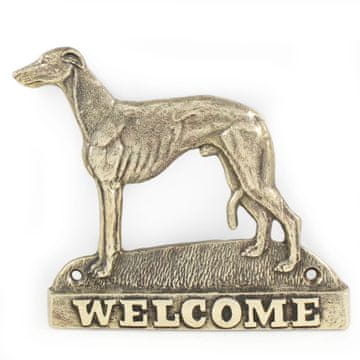 Artdog Whippet, angleški hrt - napis na vratih s psom, medeninasta ploščica dobrodošlice, unikaten napis z besedo Dobrodošli, znamke Art-Dog