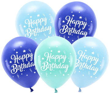 Eko baloni 26 cm Happy Birthday modri 5 kosov.