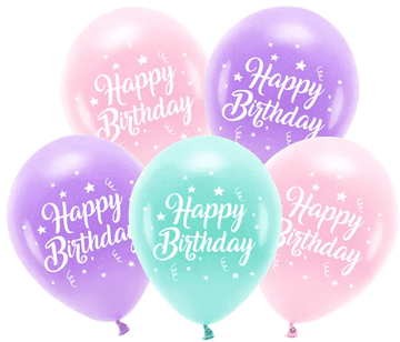 Eko baloni 26 cm Happy Birthday roza 5 kosov.