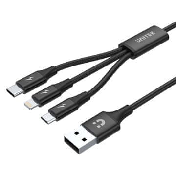 slomart Unitek C14049BK 3v1 USB-A kabel, USB-C/microUSB/Lightning, 1.2m, črn