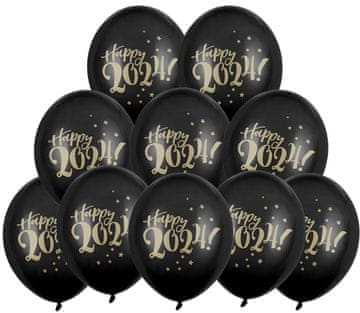 PartyDeco 30 cm baloni Srečno 2024! Pastelno črni 10 kosov.