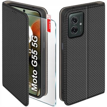 shumee Ovitek za Motorola Moto G55 5G, zaprt, črn + 9H steklo