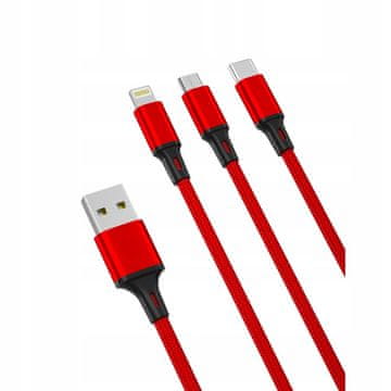 shumee USB - USB tip C / microUSB / Lightning kabel 1,2 m rdeč XO 3v1
