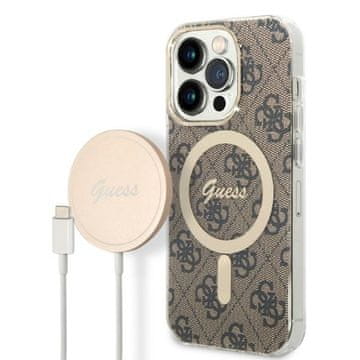 Guess Ovitek za iPhone 14 Pro Guess Hard Case 4G Print MagSafe rjav