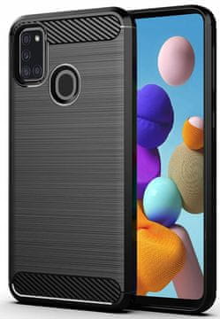 shumee Ovitek za Samsung Galaxy A21S z karbonsko zadnjo stranjo, črn + steklo