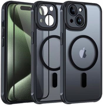 shumee Ovitek za iPhone 15, ojačan, MagSafe, proti udarcem, prozoren, črn + steklo