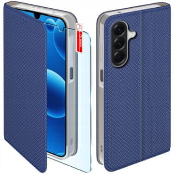 shumee Magnetni ovitek za Samsung A17 5G z zapiranjem, temno moder ovitek + steklo