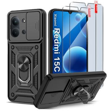 shumee Oklepno črno drsno ohišje za Xiaomi Redmi 15C 5G ojačano + 2x 9H steklo
