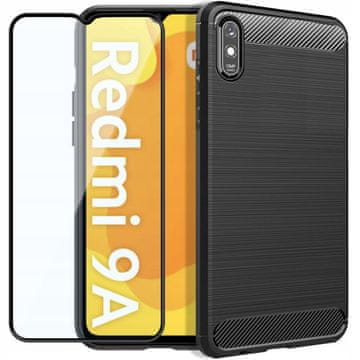 shumee Ovitek za xiaomi redmi 9A /9AT / 9i oklepno karbonsko ohišje črne barve + steklo