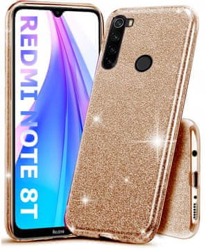 shumee Ovitek za Xiaomi Redmi Note 8T z bleščicami 3v1, zlata zadnja stran + steklo