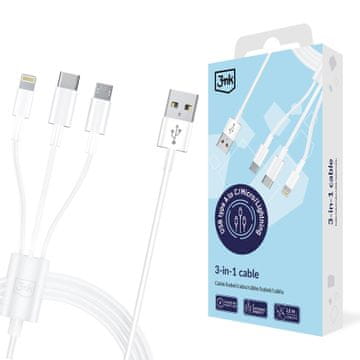 3MK Dodatki - 3MK kabel USB tipa A na USB C/Micro USB/Lightning 1,2 m 20 V/2,4 A 15 W bel MM - globalno