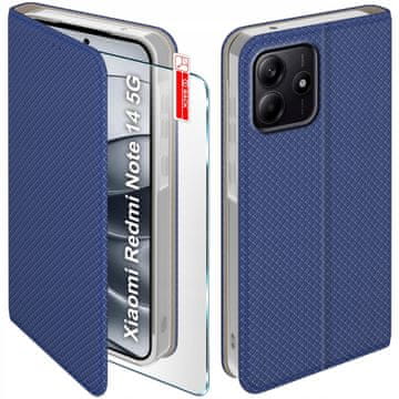 shumee Ovitek za Xiaomi Redmi note 14 5G pametni magnetni ovitek z zapiranjem knjige, temno moder + steklo