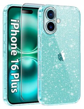 shumee Silikonski ovitek za iPhone 16 Plus z bleščečimi bleščicami in prozornim ovitkom + zaščitno steklo