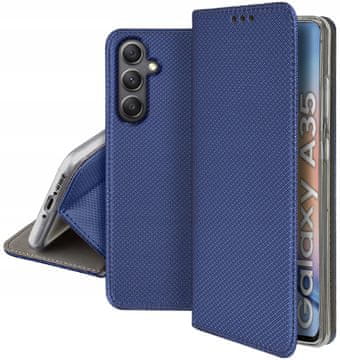 shumee Ovitek za Samsung Galaxy A35 5G pametni magnetni ovitek z zapiranjem v temno modri barvi + steklo
