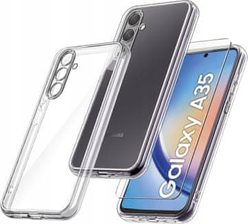 shumee Tanek ovitek za Samsung Galaxy A35 5G, prozoren ovitek s prozorno zadnjo stranjo + steklo