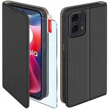 shumee Ovitek za Motorola Moto G24/G04/E14 pametni magnetni ovitek za knjige črne barve + steklo
