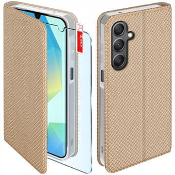 shumee Ovitek za Samsung A16 / A16 5G s pametnim magnetnim zapiranjem z zavihkom, zlat + steklo
